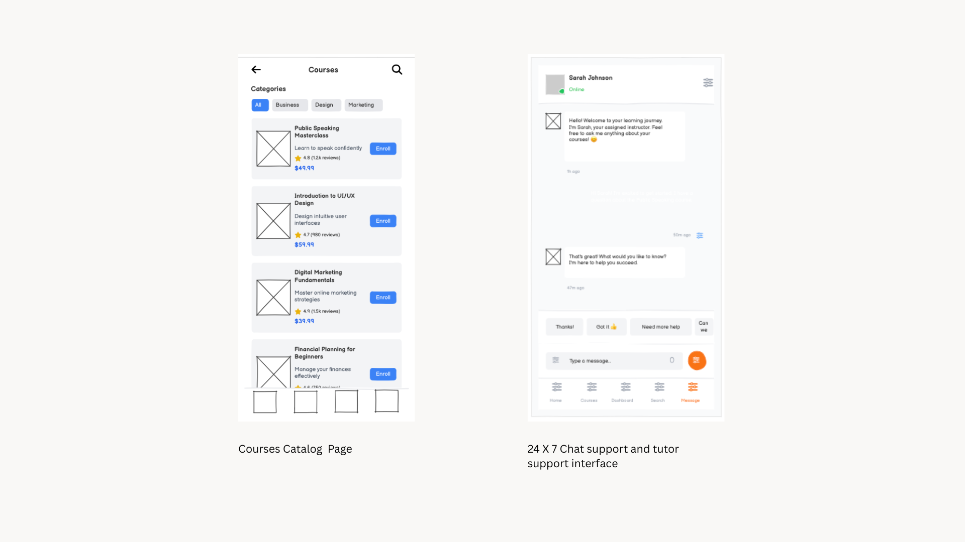 Low-fidelity wireframes — Courses catalog and 24x7 chat support